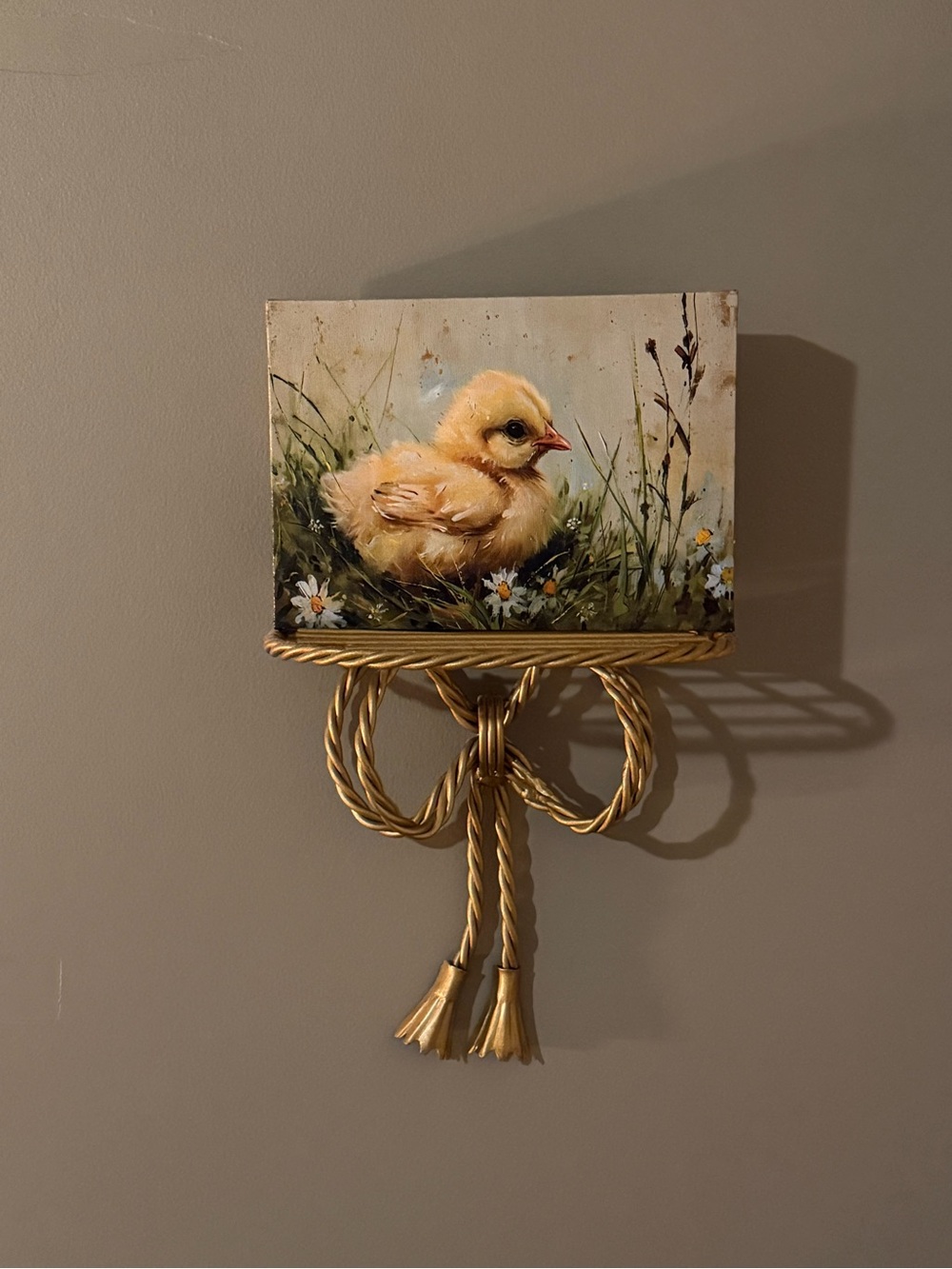 Yellow Chick Canvas Wall Art with Gold Rope Tassel Accent